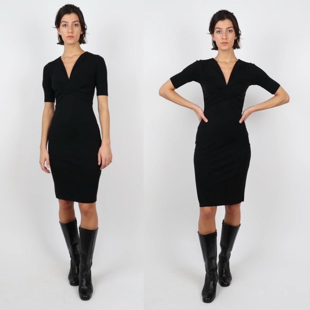 Diane Von Furstenberg Black Cross Front Half Sleeve V-neck Midi Dress Size 6